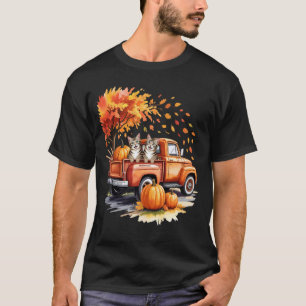 Grappige Kat Vrachtwagen Pompoen Herfst Bladeren T T-shirt