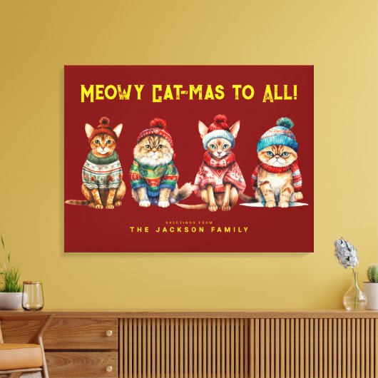 Grappige kat Vrolijk rood kerstdecor Groeten Canvas Afdruk (Insitu (Woonkamer))