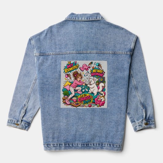 Grappige kat vs menselijke afstandsbediening strij denim jacket (Achterkant)