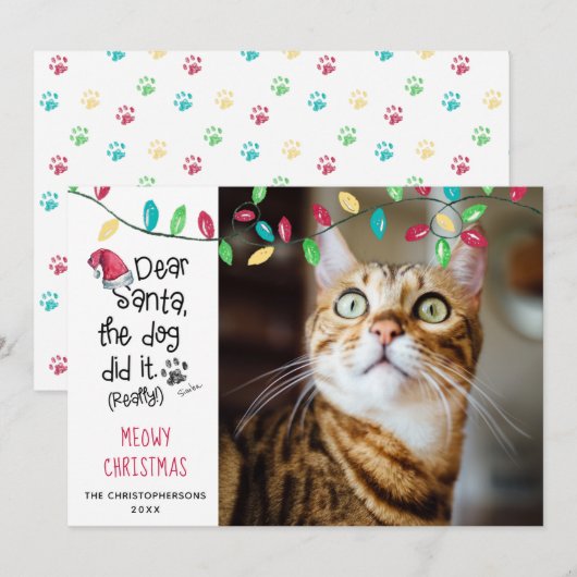 Grappige kat zegt Meowy Kerstmis Foto kattennaam Feestdagenkaart (Voorkant / Achterkant)