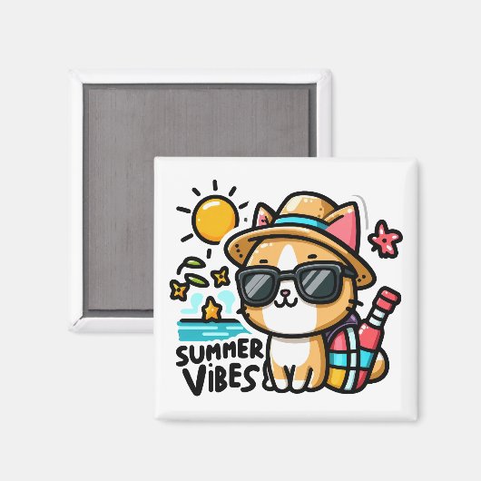 Grappige kat zomer vibes magneet (Voorkant / Achterkant)