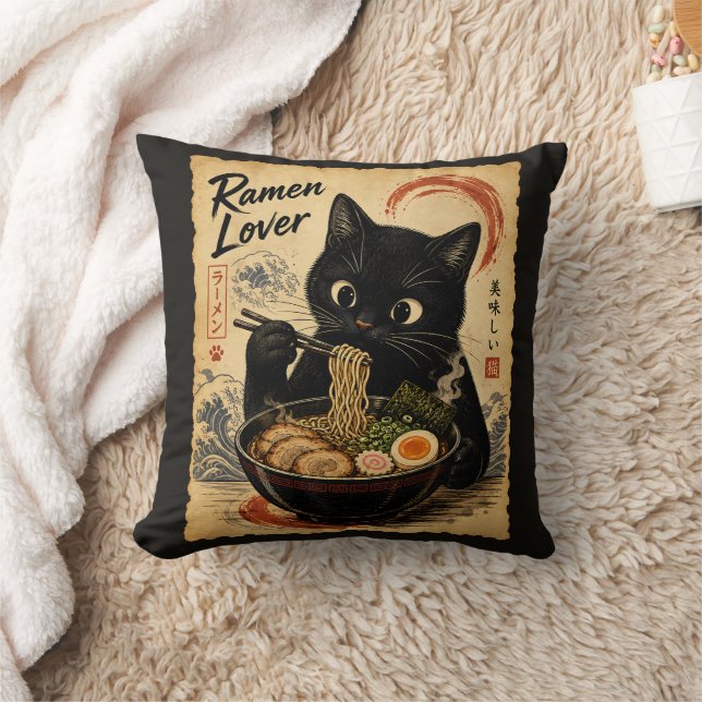 Grappige Kat Zwarte Ramen Japanse Kunststijl Kussen (Deken)