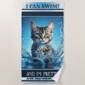 Grappige kat zwemmen marine gestreept strandlaken (Voorkant)