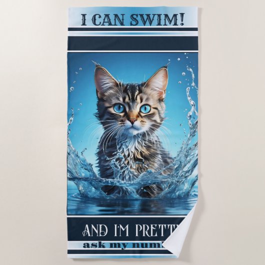 Grappige kat zwemmen marine gestreept strandlaken (Voorkant)