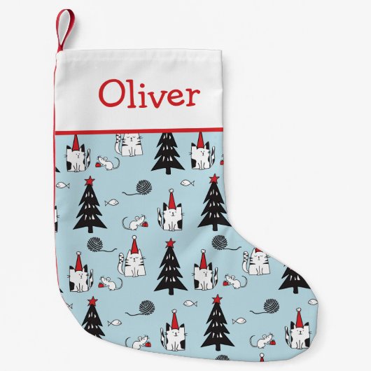 Grappige Katten Blauw en Wit Kleine Kerstsok (Voorkant)