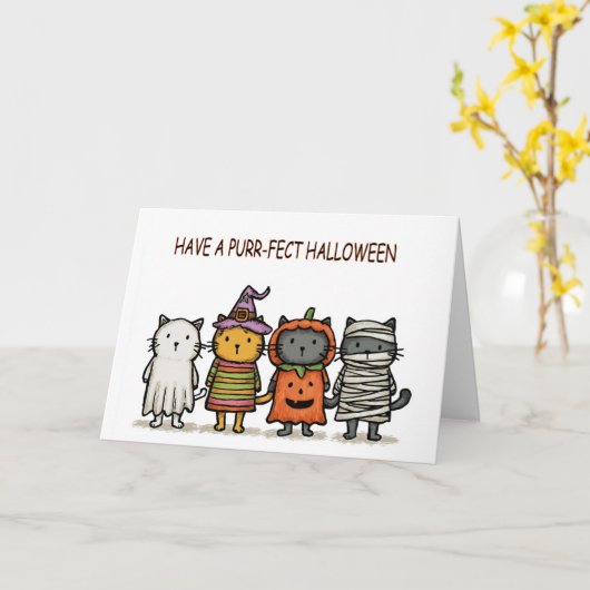 Grappige Katten Gelukkig Halloween Kaart (Gele Bloem)