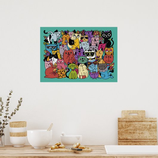 Grappige katten illustratie aangepaste kleur poster (Keuken)