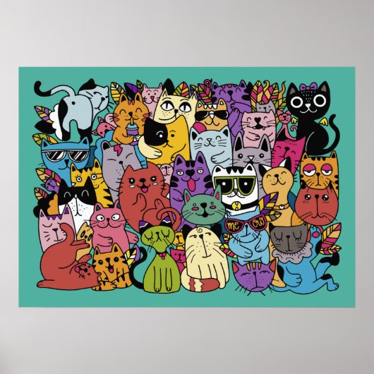 Grappige katten illustratie aangepaste kleur poster (Voorkant)