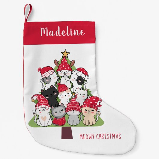 Grappige Katten in Kerstboom Meowy Kerstmis Kleine Kerstsok (Voorkant)