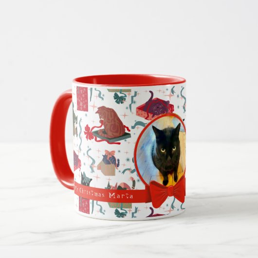 Grappige katten in kerstdozen gepersonaliseerde fo mok (Voorkant links)