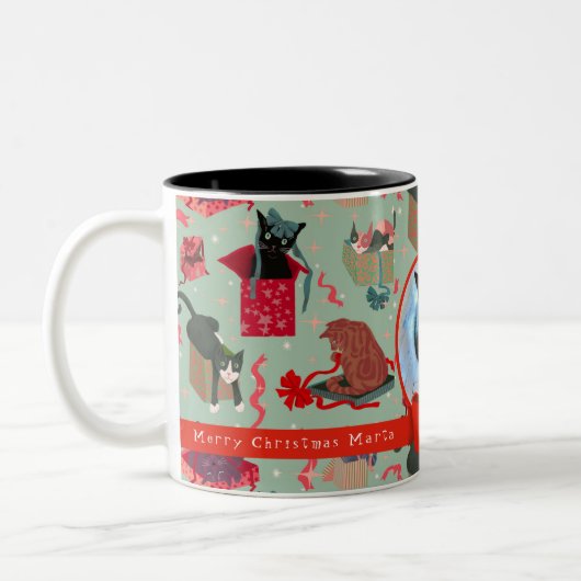 Grappige katten in kerstdozen gepersonaliseerde fo tweekleurige koffiemok (Links)