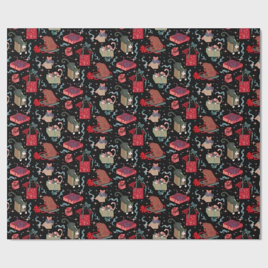 Grappige katten in kerstdozen zwart rood groen cadeaupapier (Vlak)