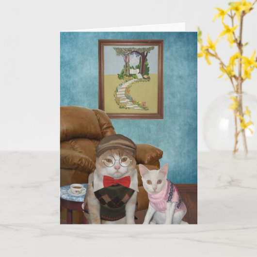 Grappige katten/Katten Vaderdag Kaart (Gele Bloem)