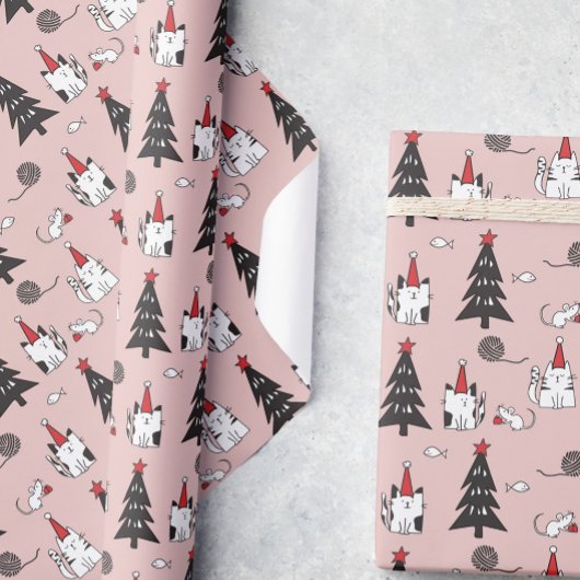 Grappige Katten Kerstmis patroon roze Cadeaupapier