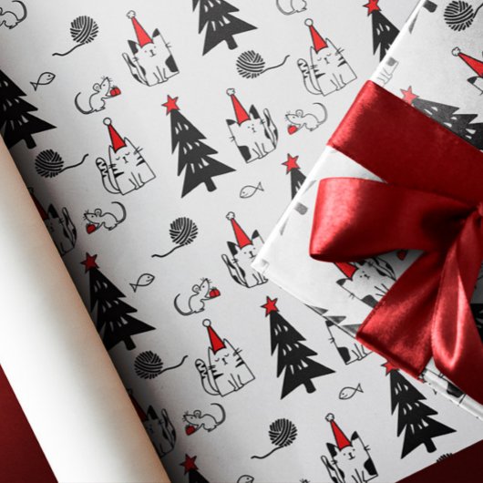 Grappige Katten Kerstmis patroon wit Cadeaupapier