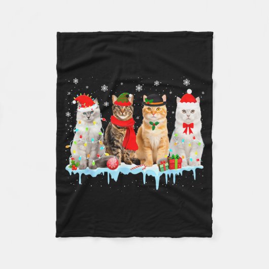 Grappige Katten Kerstverlichting Rendier Kerstman Fleece Deken (Voorkant)