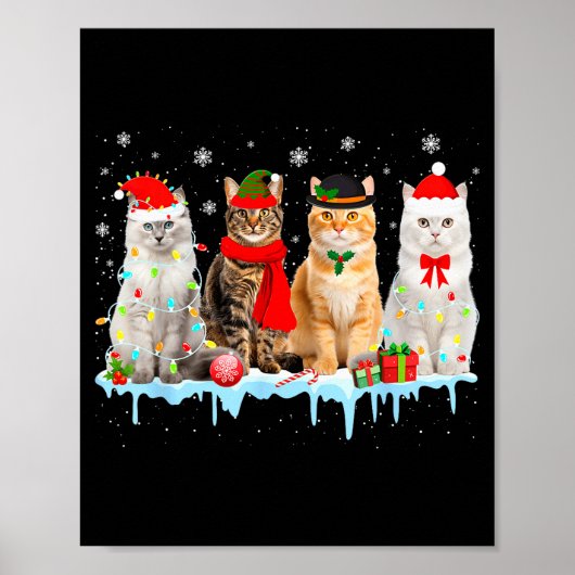 Grappige Katten Kerstverlichting Rendier Kerstman  Poster (Voorkant)