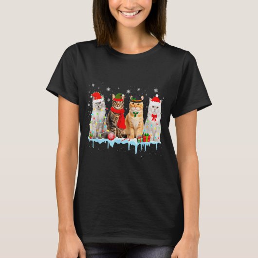 Grappige Katten Kerstverlichting Rendier Kerstman  T-shirt (Voorkant)