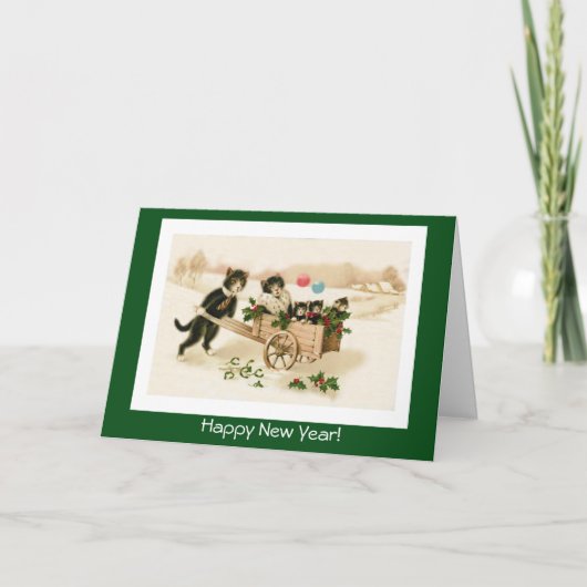 Grappige katten op aanpasbare vintage nieuwjaarska feestdagen kaart (Voorkant)