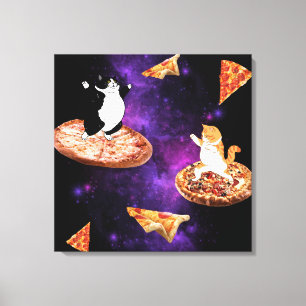 Grappige katten paardrijden pizza op de ruimte canvas afdruk