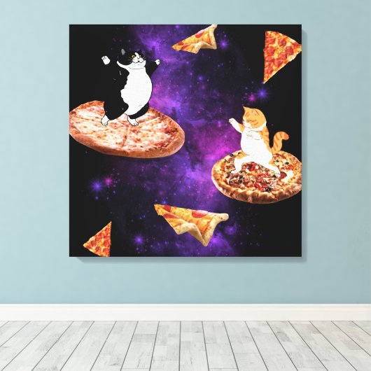 Grappige katten paardrijden pizza op de ruimte canvas afdruk (Insitu (Houten vloer))