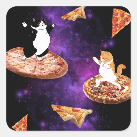 Grappige katten paardrijden pizza op de ruimte vierkante sticker (Voorkant)