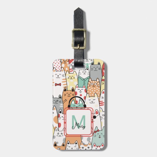 Grappige Katten Pastel Naam Kleurrijk Monogram Adr Bagagelabel (Voorkant verticaal)