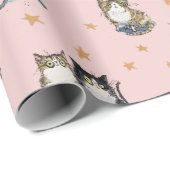 Grappige katten tussen de sterren op roze kat patr cadeaupapier (Rol Hoek)