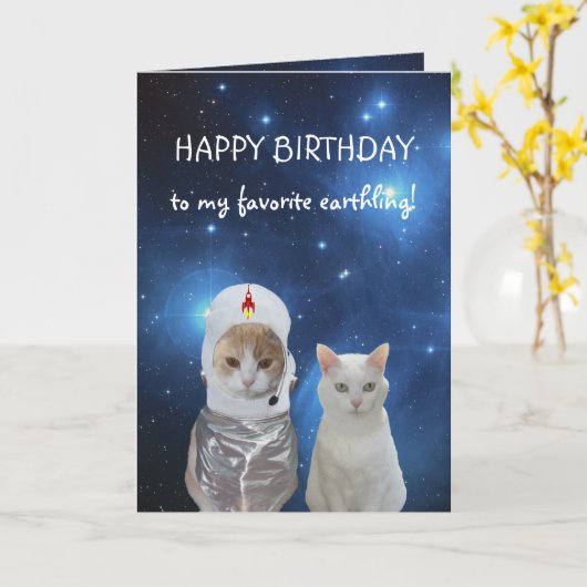 Grappige katten UFO Verjaardag Kaart (Gele Bloem)