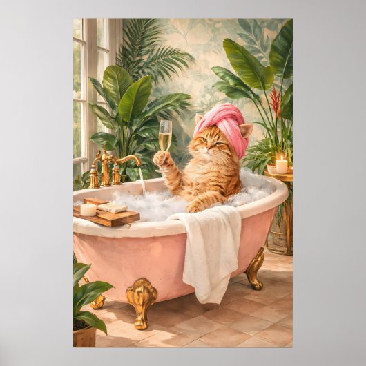 Grappige kattenbadposter, champagneprint, whimsica poster (Voorkant)