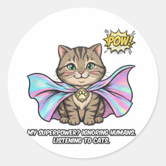 Grappige kattenfluisteraar superkracht tabby cape ronde sticker