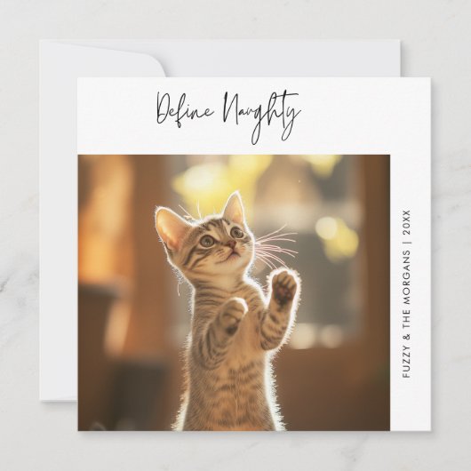 Grappige Kattenfoto Definieer Ondeugende Kersthond Feestdagenkaart (Voorkant)