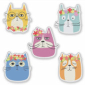 Grappige kattengezichtjes met leuke bloemen sticker (Voorkant)