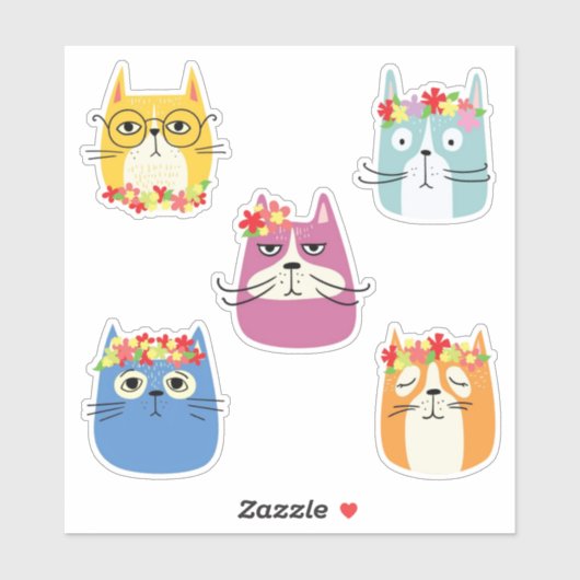 Grappige kattengezichtjes met leuke bloemen sticker (Vel)