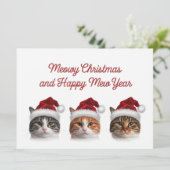 Grappige kattenkerst miauw met kerst pet feestdagenkaart (Staand voorkant)