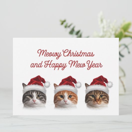 Grappige kattenkerst miauw met kerst pet feestdagenkaart (Staand voorkant)
