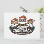 Grappige kattenkerst miauw met kerst pet feestdagenkaart (Staand voorkant)