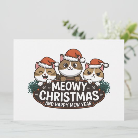 Grappige kattenkerst miauw met kerst pet feestdagenkaart (Staand voorkant)