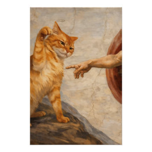 Grappige kattenmeme kunst Creatie van Adam met kat Perfect Poster
