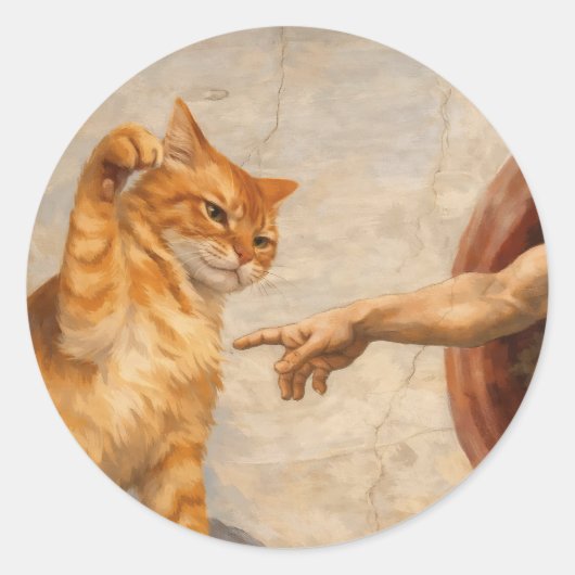 Grappige kattenmeme kunst Creatie van Adam met kat Ronde Sticker (Voorkant)