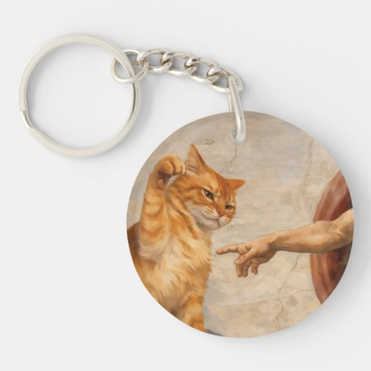 Grappige kattenmeme kunst Creatie van Adam met kat Sleutelhanger (Voorkant)