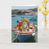 Grappige kattenverjaardag voor vissers kaart (Gele Bloem)