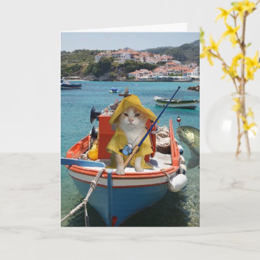 Grappige kattenverjaardag voor vissers kaart (Gele Bloem)