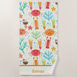 Grappige kawaii kreeften en krabben gepersonalisee strandlaken