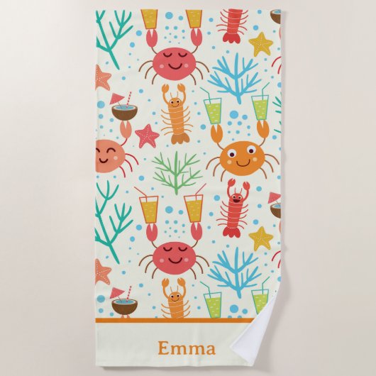 Grappige kawaii kreeften en krabben gepersonalisee strandlaken (Voorkant)