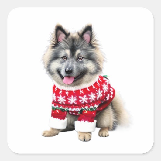 Grappige Keeshond in Kersttrui Vierkante Sticker (Voorkant)