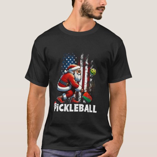 Grappige Kerst Amerikaanse Vlag Pickleball Santa H T-shirt (Voorkant)