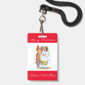 Grappige kerst badge met sneeuwman surfer (Achterkant met koord)