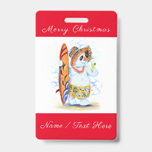 Grappige Kerst Badge met Sneeuwman Surfer