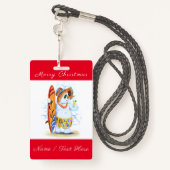 Grappige kerst badge met sneeuwman surfer (Achterkant met draagriem)